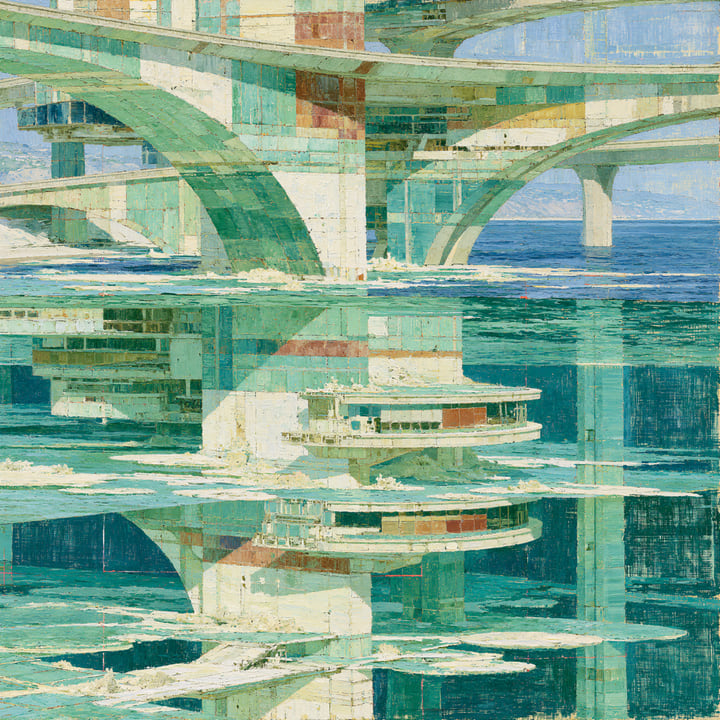 Morning Falling 567, a Midjourney study of the Southern California ocean imagined in 2050
