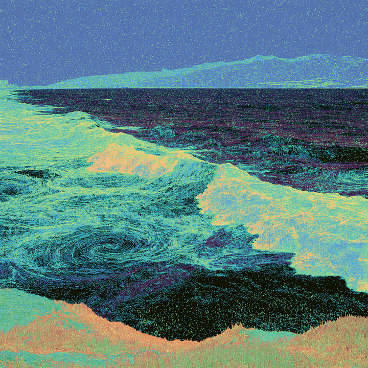 Morning Falling 562, a Midjourney study of the Southern California ocean imagined in 2050