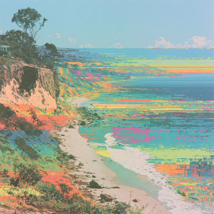 Morning Falling 552, a Midjourney study of the Southern California ocean imagined in 2050