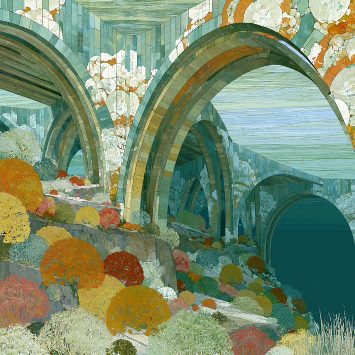 Morning Falling 565, a Midjourney study of the Southern California ocean imagined in 2050