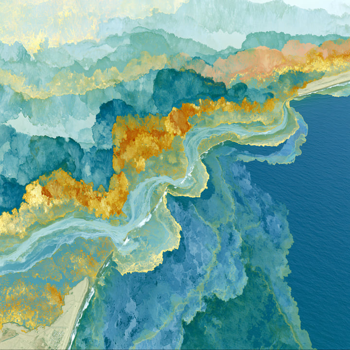 Morning Falling 539, a Midjourney study of the Southern California ocean imagined in 2050