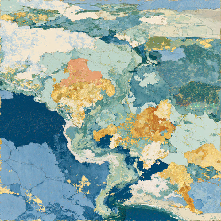 Morning Falling 536, a Midjourney study of the Southern California ocean imagined in 2050