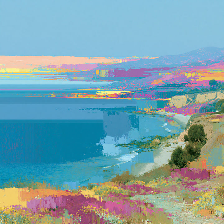 Morning Falling 554, a Midjourney study of the Southern California ocean imagined in 2050