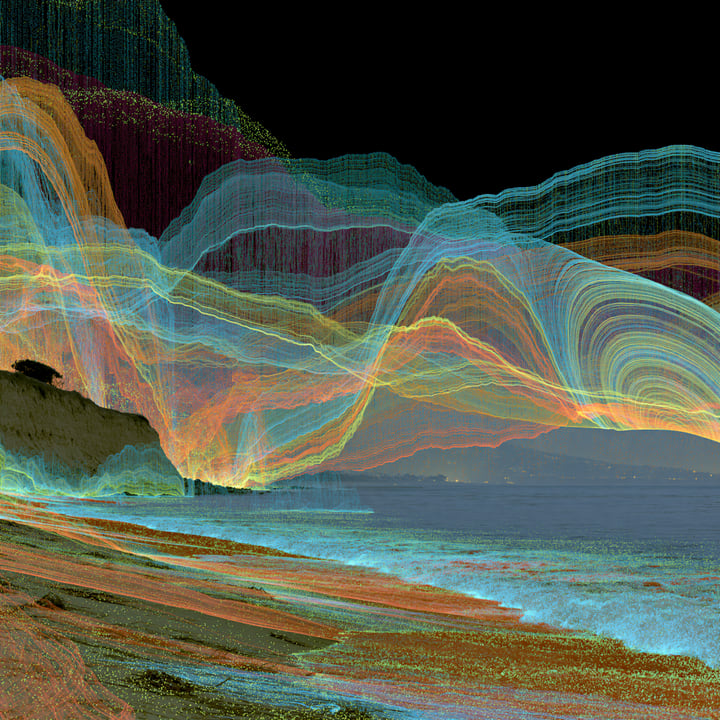 Morning Falling 560, a Midjourney study of the Southern California ocean imagined in 2050