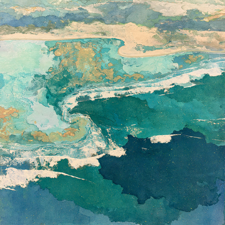 Morning Falling 537, a Midjourney study of the Southern California ocean imagined in 2050