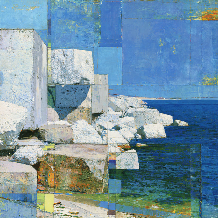 Morning Falling 545, a Midjourney study of the Southern California ocean imagined in 2050